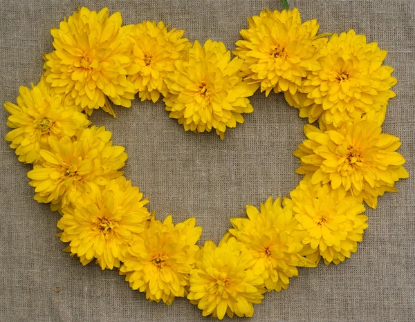 Πλαίσιο της κίτρινα λουλούδια με τη μορφή της καρδιάς κατά ένα αμουδερές — Φωτογραφία Αρχείου