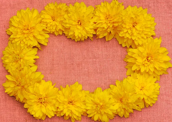 Frame of yellow flowers against a background of pink cloth — Stock Photo, Image