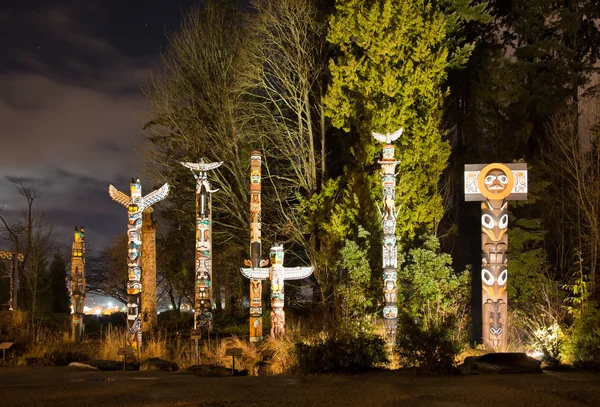 Totems in Stanley Park Vancouver at night — Stock Photo, Image