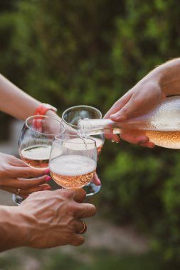 Party at sunset. Glasses with alcohol. Alcohol. Champagne with friends. Glasses of champagne in summer. Summer. Friends are relaxing at a party. Fun with proseco. dinner
