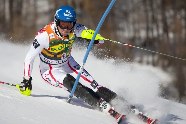 FRA: alpin skidåkning val d'isere Herrarnas slalom. benjamin Raich skidar. — Stockfoto