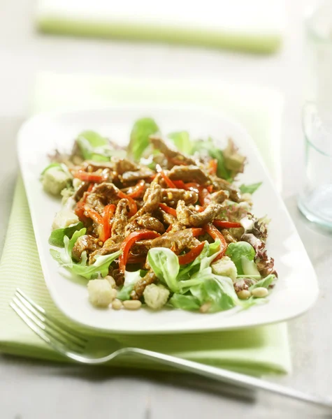 Salad of steak with lettuce pepper and croutons — Stock Photo, Image