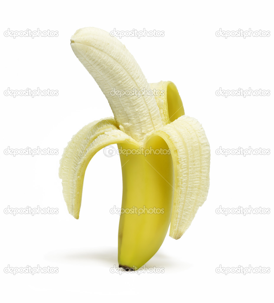 Peeled banana standing straight, isolated on white with shadow