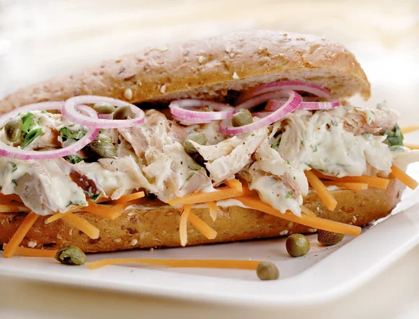 Sandwich with salad of mackerel served on a plate — Stock Photo, Image