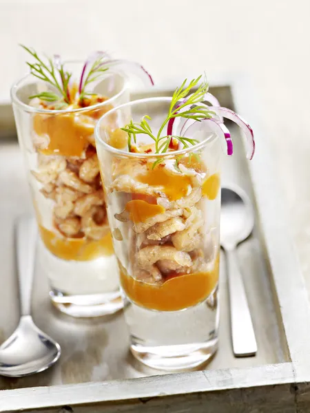 Starter of prawns with mouse served in a small glass — Stock Photo, Image