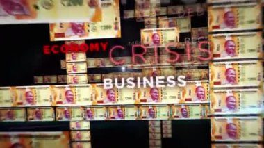 Hindistan para döngüsü 3D animasyon. INR banknotları arasında uçan kamera. Maliye, ekonomi, kriz, iş başarısı, durgunluk, borç ve vergisiz döngülü kavram.