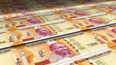 Hindistan Rupisi 'nin 3D resimli para baskısı. INR banknotları finans, ekonomi krizi, enflasyon ve işletme arka plan kavramı.