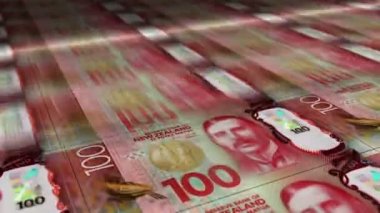 Yeni Zelanda Doları para kâğıdı baskısı. NZD banknotları döngü baskısı. Kusursuz ve döngülü finans kavramı, ekonomi krizi, enflasyon ve iş dünyası.