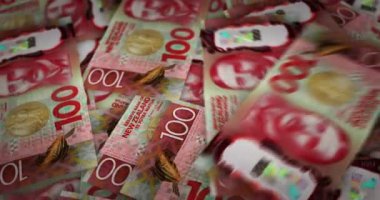 Yeni Zelanda Doları büyüyen para yığını. NZD banknotları dönüyor. Kusursuz ve döngülü finans kavramı, ekonomi krizi, enflasyon ve iş dünyası.