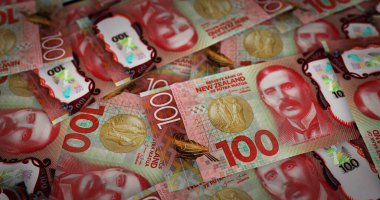 Yeni Zelanda Doları yığını 3D resim. NZD finans, ekonomi krizi, enflasyon ve iş dünyası kavramını destekliyor.