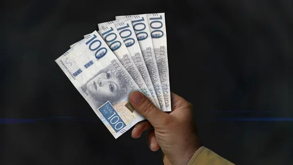 Zweedse Kroon Stapel Geld Hand Illustratie Nzd Bankbiljetten Achtergrondconcept Van — Stockfoto