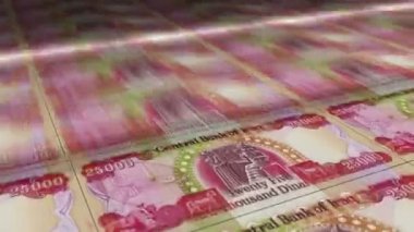 Irak Dinarı para kâğıdı baskısı. IQD banknotları döngü baskısı. Kusursuz ve döngülü finans kavramı, ekonomi krizi, enflasyon ve iş dünyası.