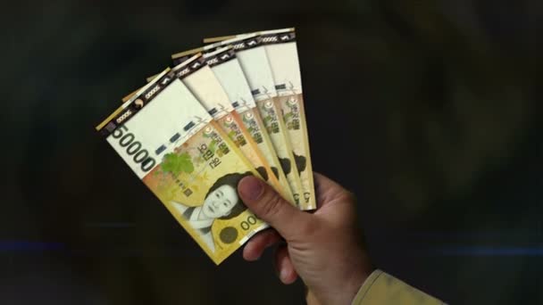 South Korea Won Money Holding Fan Banknotes Hand Krw Paper — Video Stock