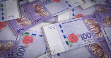 Malezya Ringgit para baskı 3d illüstrasyon sayfası. MYR banknotları finans, ekonomi krizi, enflasyon ve işletme arka plan kavramı.