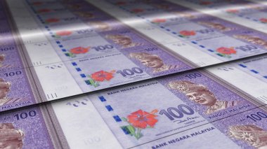 Malezya Ringgit para baskı 3d illüstrasyon sayfası. MYR banknotları finans, ekonomi krizi, enflasyon ve işletme arka plan kavramı.