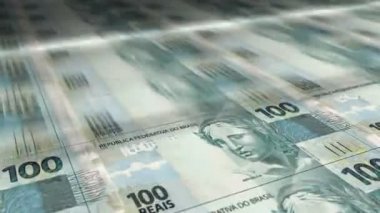 Brezilya Emlak, Reai para basma. BRL banknotları döngü baskısı. Kusursuz ve döngülü finans kavramı, ekonomi krizi, enflasyon ve iş dünyası.