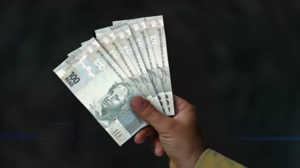 Brazilië Real Reai Geld Houden Fan Van Bankbiljetten Hand Brl — Stockvideo