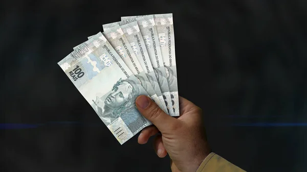Brazilië Real Reai Stapel Geld Hand Illustratie Achtergrondconcept Brl Bankbiljetten — Stockfoto