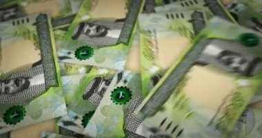 Bahreyn Dinarı büyüyen para yığını. BHD banknotları dönüyor. Kusursuz ve döngülü finans kavramı, ekonomi krizi, enflasyon ve iş dünyası.