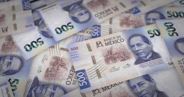 Meksika Peso para sayfası 3D çizim. MXN banknotları finans, ekonomi krizi, enflasyon ve işletme arka plan kavramı.