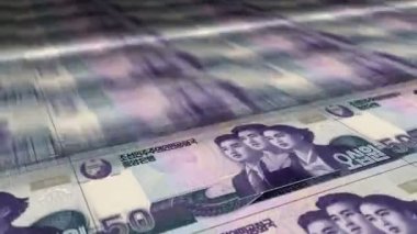 Kuzey Kore para basımı kazandı. KPW banknotları döngü yazdırır. Kusursuz ve döngülü finans kavramı, ekonomi krizi, enflasyon ve iş dünyası