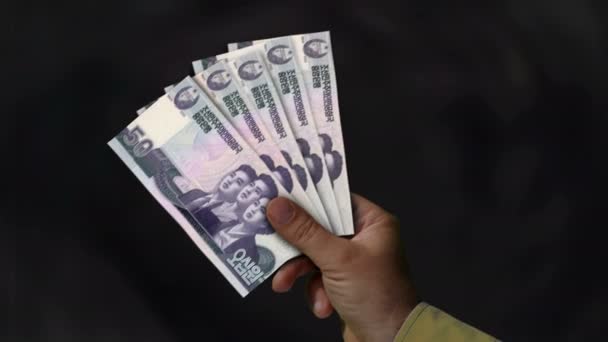 朝鲜赢得了金钱持有 手拿着钞票的扇子 Kpw纸钞 经济和金融概念 — 图库视频影像