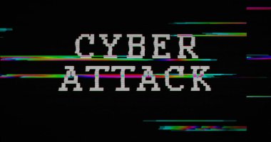 Siber saldırı alarmı, çarpıtılmış ve bozulma etkisi 3 boyutlu illüstrasyon. Bilgisayar korsanlığı, virüs ve uyarı soyut kavramı. Gürültülü retro TV tarzı arkaplan.