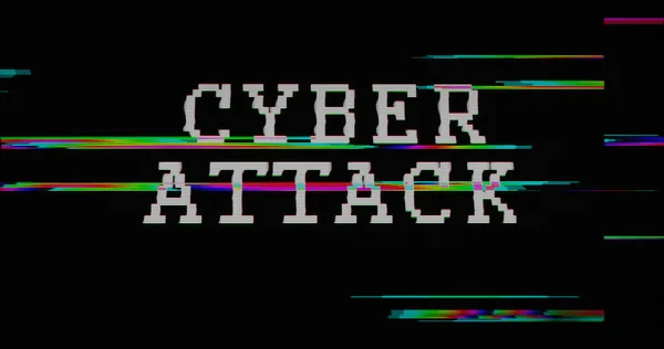 Siber saldırı alarmı, çarpıtılmış ve bozulma etkisi 3 boyutlu illüstrasyon. Bilgisayar korsanlığı, virüs ve uyarı soyut kavramı. Gürültülü retro TV tarzı arkaplan.