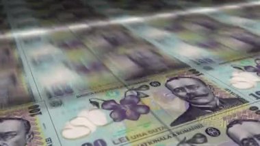 Romanya Lei para kağıdı basımı. RON banknotları döngü baskısı. Kusursuz ve döngülü finans kavramı, ekonomi krizi, enflasyon ve iş dünyası.