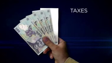 Romanya Lei kâğıdı tutuyor. RON banknotlarının hayranı. Gelir kaybı, yaşam, vergi, kredi ve para kaybı metaforu.