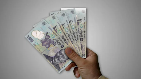 Roemenië Lei Stapel Geld Hand Illustratie Achtergrondconcept Ron Bankbiljetten Van — Stockfoto