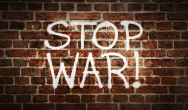 Tuğla duvara yazılan savaş spreyini durdurun. Şehir soyut sanat eserleri. Grafiti sanatı barış ve barış için protesto konsepti. Elinde metin şablonu olan hava fırçası boyası 3D resimleme.