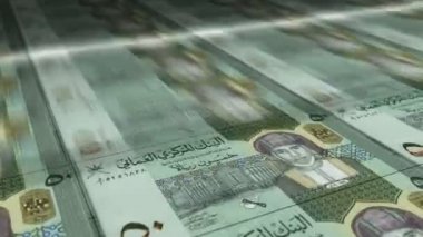 Umman Rial para kâğıdı baskısı. OMR banknotları döngü baskısı. Kusursuz ve döngülü finans kavramı, ekonomi krizi, enflasyon ve iş dünyası.