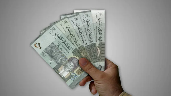 Oman Rial Stapel Geld Hand Illustratie Achtergrondconcept Van Omr Bankbiljetten — Stockfoto