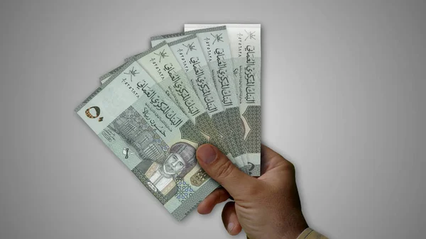 Oman Rial Pile Argent Dans Main Illustration Billets Omr Concept — Photo