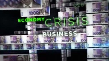 Hırvatistan Kuna para döngüsü 3D animasyon. HRK banknotları arasında uçan bir kamera. Maliye, ekonomi, kriz, iş başarısı, durgunluk, borç ve vergisiz döngülü kavram.