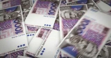Hırvatistan Kuna büyüyen para yığını. HRK banknotları dönüyor. Kusursuz ve döngülü finans kavramı, ekonomi krizi, enflasyon ve iş dünyası.