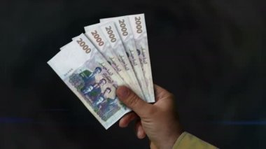 Cezayir Dinarı 'nın parası duruyor. Eldeki banknotların hayranıyım. DZD kağıt para. Gelir, başarı, iş, vergi, ekonomi ve finans kavramı.