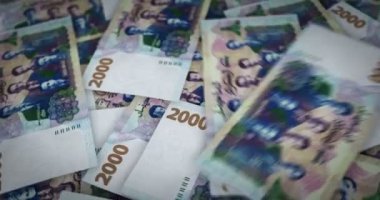 Cezayir Dinarı büyüyen para yığını. DZD banknotları dönüyor. Kusursuz ve döngülü finans kavramı, ekonomi krizi, enflasyon ve iş dünyası.