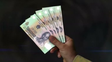 Vietnam Dong parası tutuyor. Eldeki banknotların hayranıyım. VND kağıt para. Gelir, başarı, iş, vergi, ekonomi ve finans kavramı.