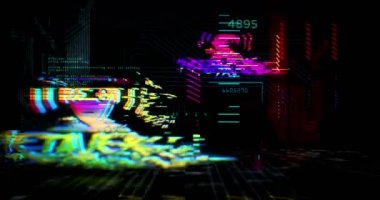 Metaverse fütürist siber punk tarzı döngü animasyonu. Sanal şehirde kusursuz döngülü uçuş. Modern soyut 3D sunum. Dijital dünya, siber evren ve sanal gerçeklik kavramı.