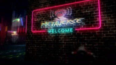 Metaverse hologram ve neon. Gelecekçi siber punk tarzı tanıtım animasyonu. Modern soyut 3D giriş ve arıza efekti. Dijital dünya, siber evren ve sanal gerçeklik kavramı.