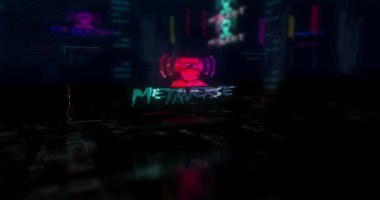 Metaverse fütürist siber punk tarzı animasyon. Soyut modern şehir 3D, arıza etkisi yaratıyor. Modern tasarım siber dünya, siber evren ve sanal gerçeklik kavramı.