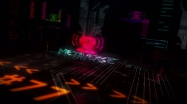 Metaverse fütüristik siber punk tarzı, kusursuz döngü 3D animasyon. Özet etkisi olan soyut bir şehir. Dijital dünyanın modern girişi, siber evren ve sanal gerçeklik.