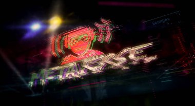 Metaverse fütürist siber punk tarzı 3D çizim. Arıza efektli modern soyut 3D hologram girişi. Dijital dünya, siber evren ve sanal gerçeklik kavramı.