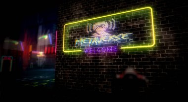 Metaverse fütürist siber punk tarzı 3D çizim. Arıza efektli modern soyut 3D hologram girişi. Dijital dünya, siber evren ve sanal gerçeklik kavramı.
