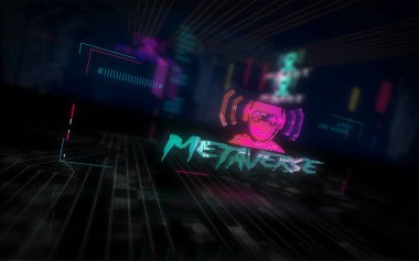 Metaverse fütürist siber punk tarzı 3D çizim. Arıza efektli modern soyut 3D hologram girişi. Dijital dünya, siber evren ve sanal gerçeklik kavramı.