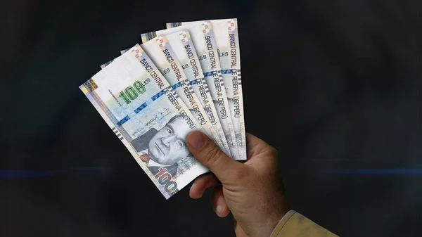 Peru Sol Mucchio Denaro Mano Illustrazione Banconote Pen Concetto Fondo — Foto Stock