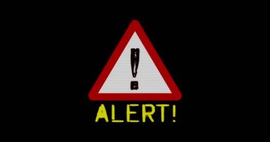 Uyarı ve tehlike uyarısı çarpıtılmış ve bozulma etkisi pürüzsüz ve üç boyutlu. Soyut kavram. Gürültü retro TV tarzı arkaplan.