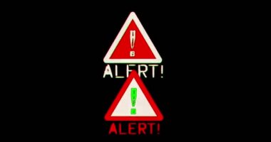 Uyarı ve tehlike uyarısı çarpıtılmış ve bozulma etkisi pürüzsüz ve üç boyutlu. Soyut kavram. Gürültü retro TV tarzı arkaplan.